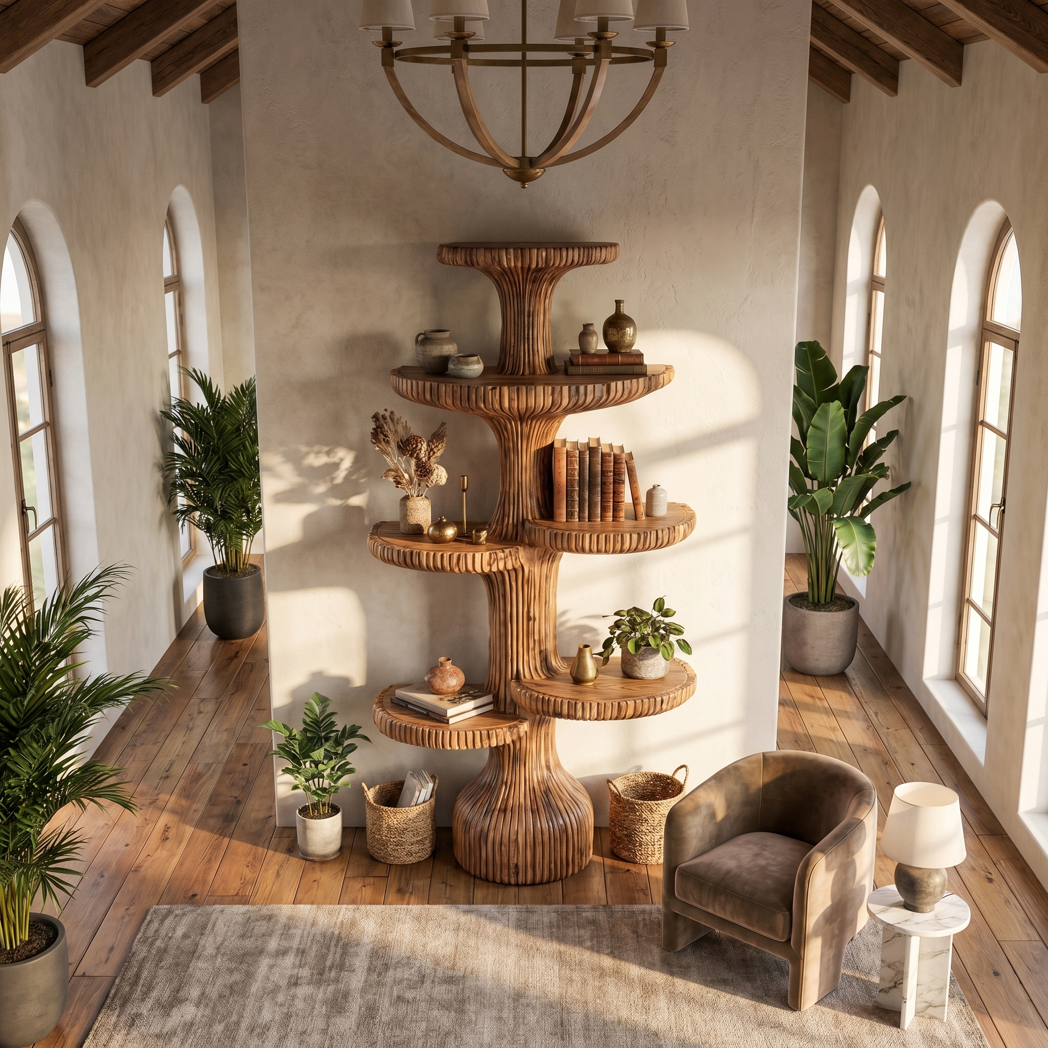 Sculptural Tiered Tree Shelf Living Room Interior Artistic Feature