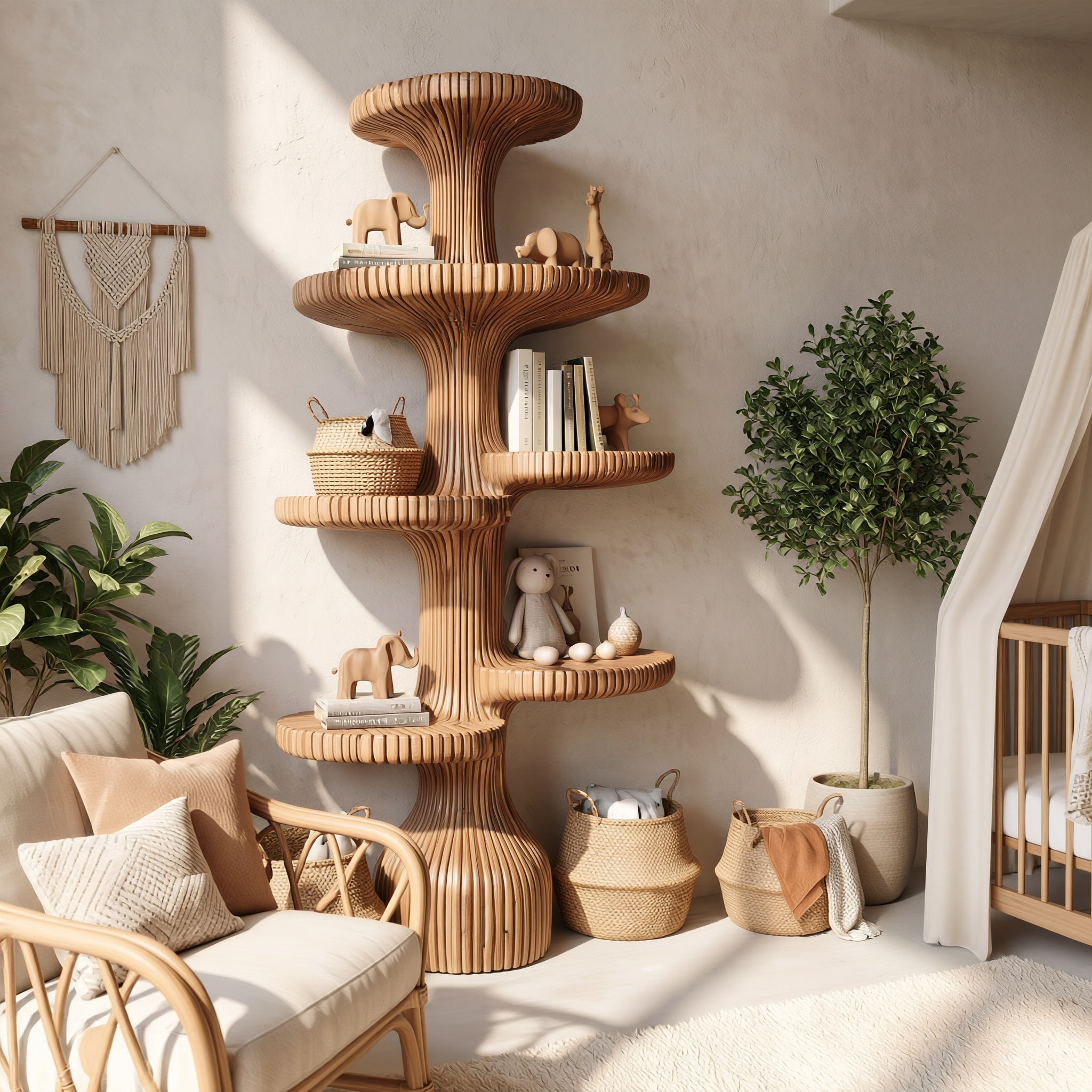 Sculptural Tiered Tree Shelf Living Room Interior Artistic Feature