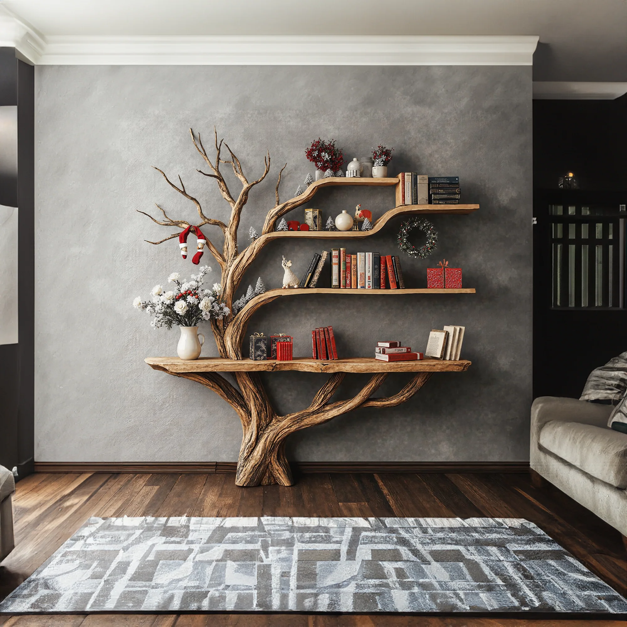 Narrow Floating Live Edge Side Table With Tree Bookshelf For Living Room