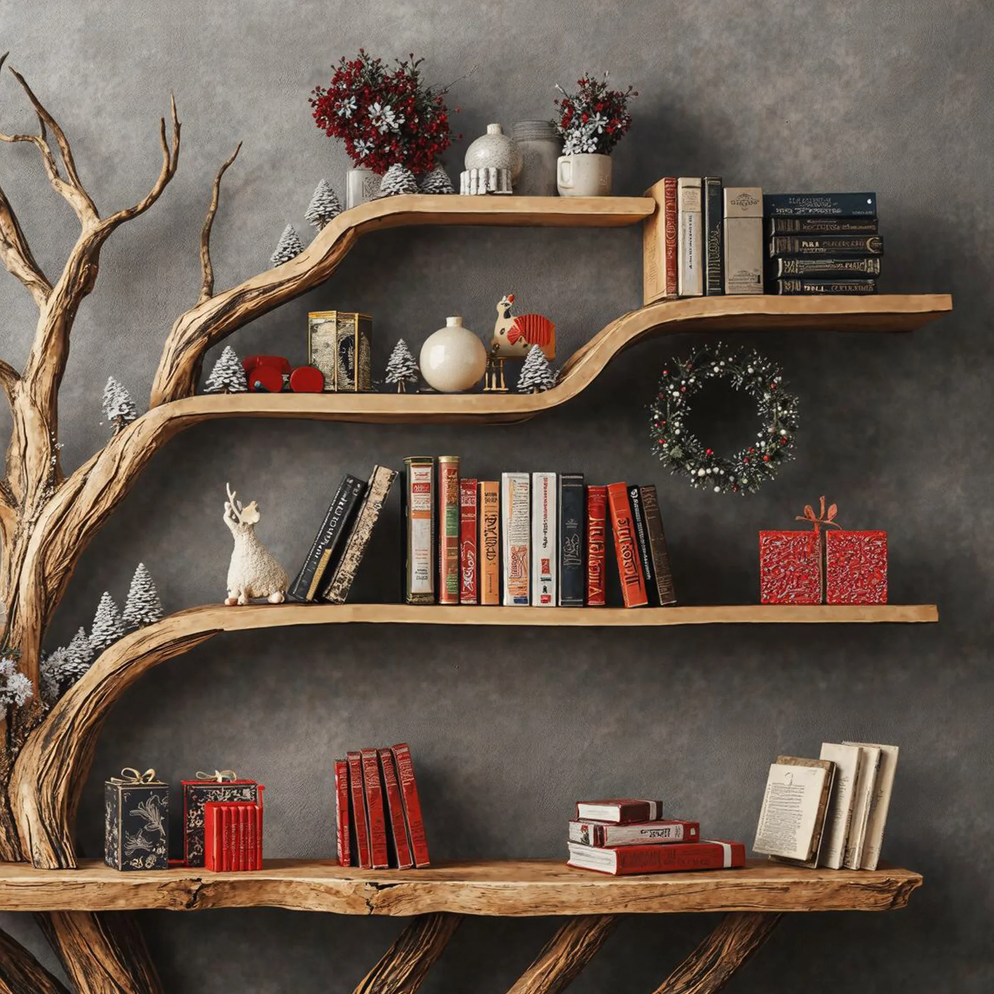 Narrow Floating Live Edge Side Table With Tree Bookshelf For Living Room