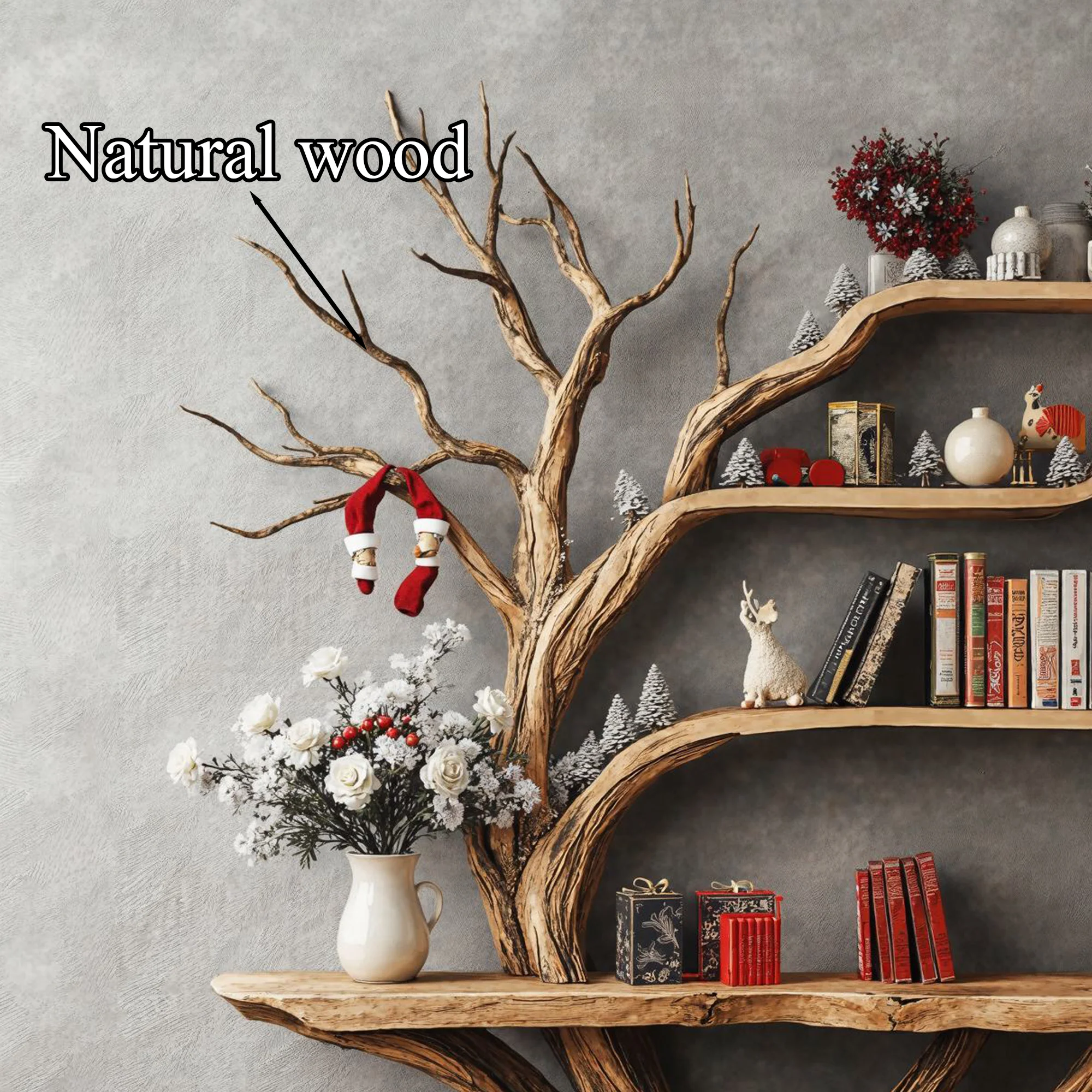 Narrow Floating Live Edge Side Table With Tree Bookshelf For Living Room