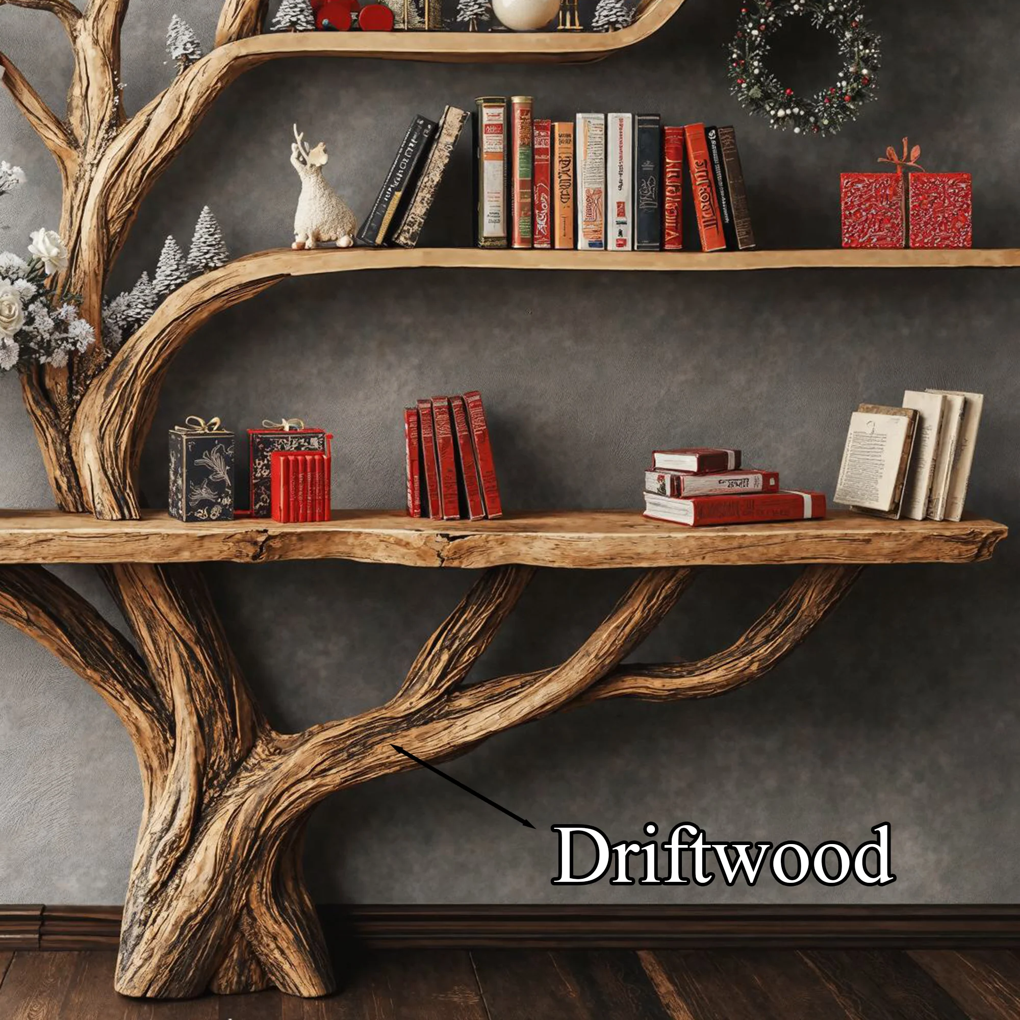 Narrow Floating Live Edge Side Table With Tree Bookshelf For Living Room