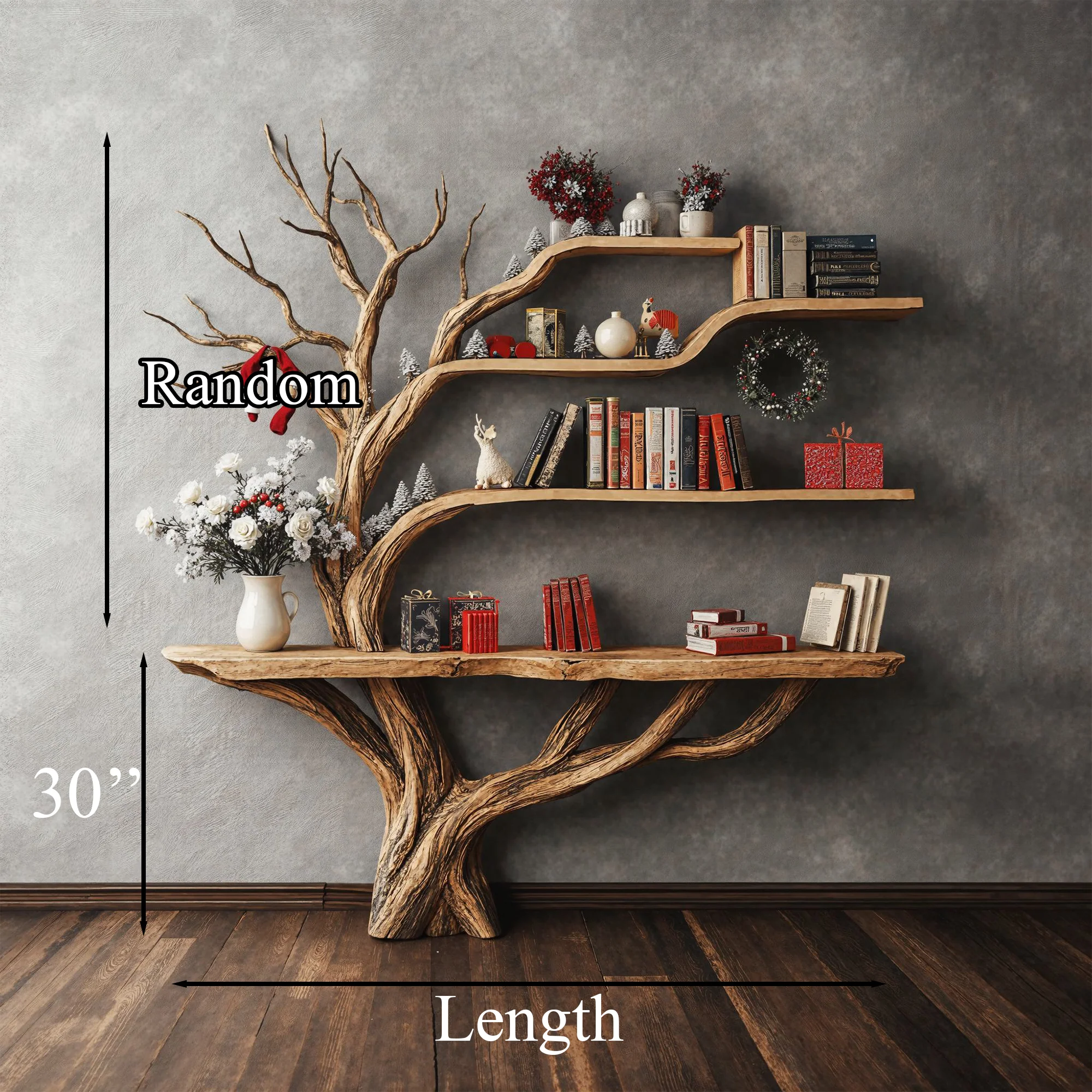Narrow Floating Live Edge Side Table With Tree Bookshelf For Living Room