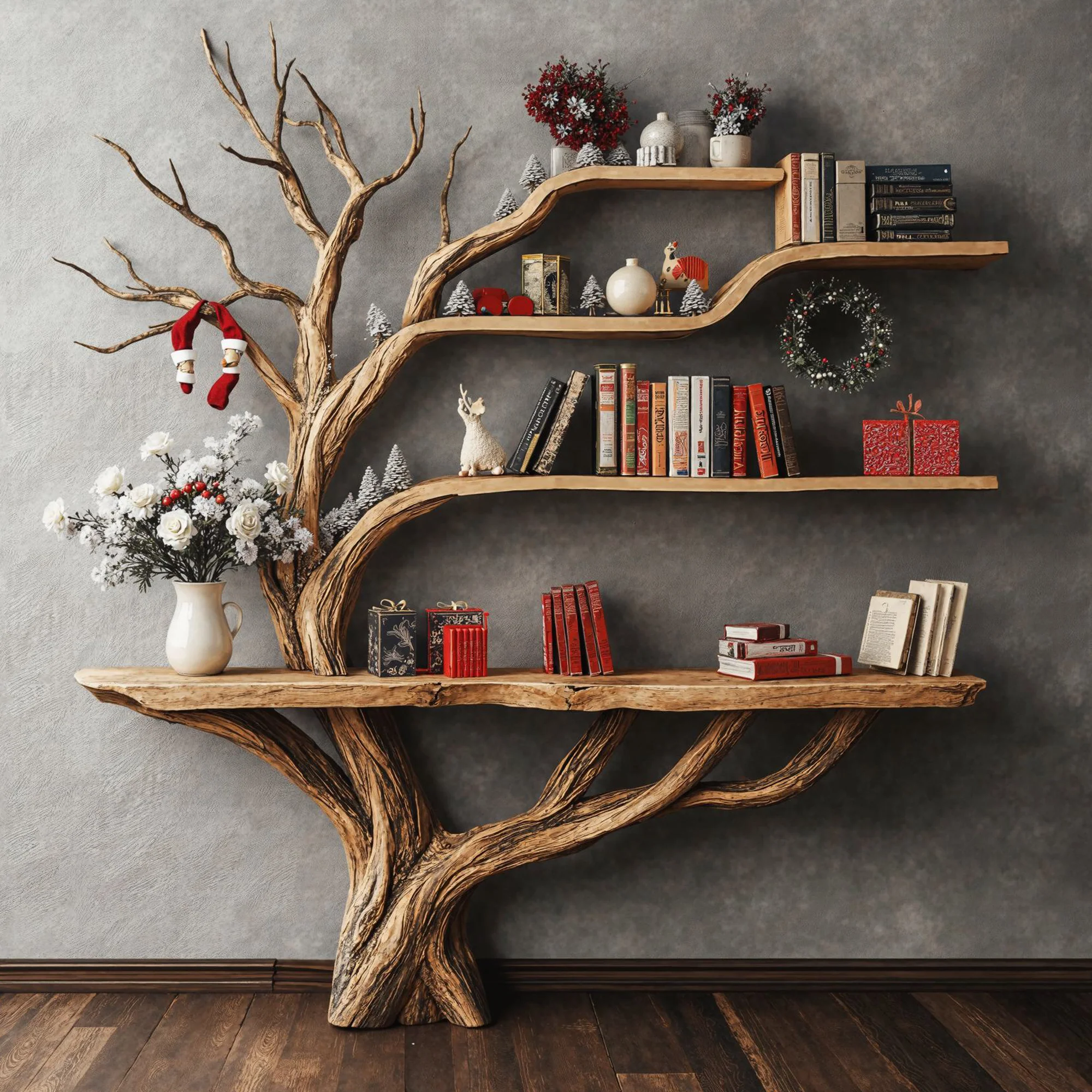 Narrow Floating Live Edge Side Table With Tree Bookshelf For Living Room