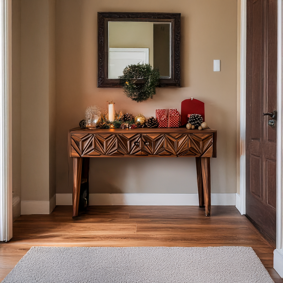 Rustic Carved Console Table Christmas Entryway Holiday Decor