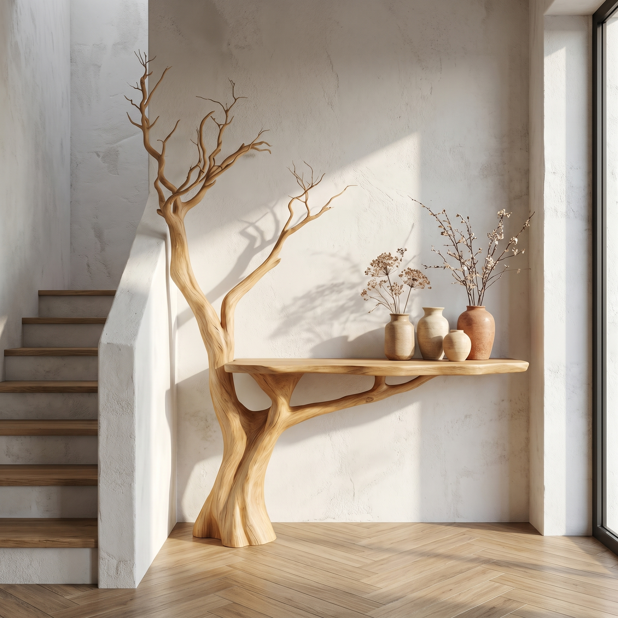 Rustic Console Table Sculpted Wood Tree Hallway Entrance