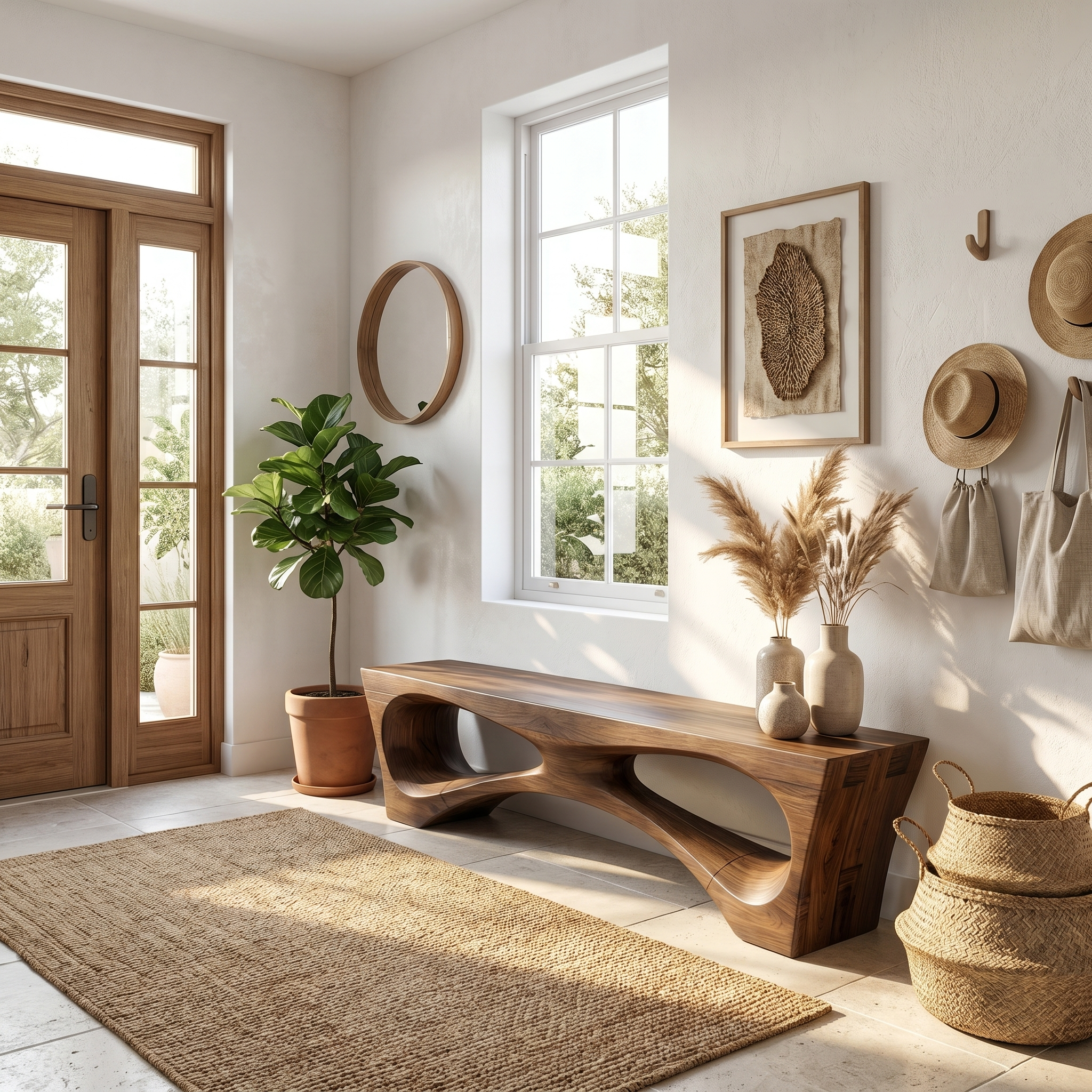 Rustic Organic Geometry Bench For Entryway And Living Room