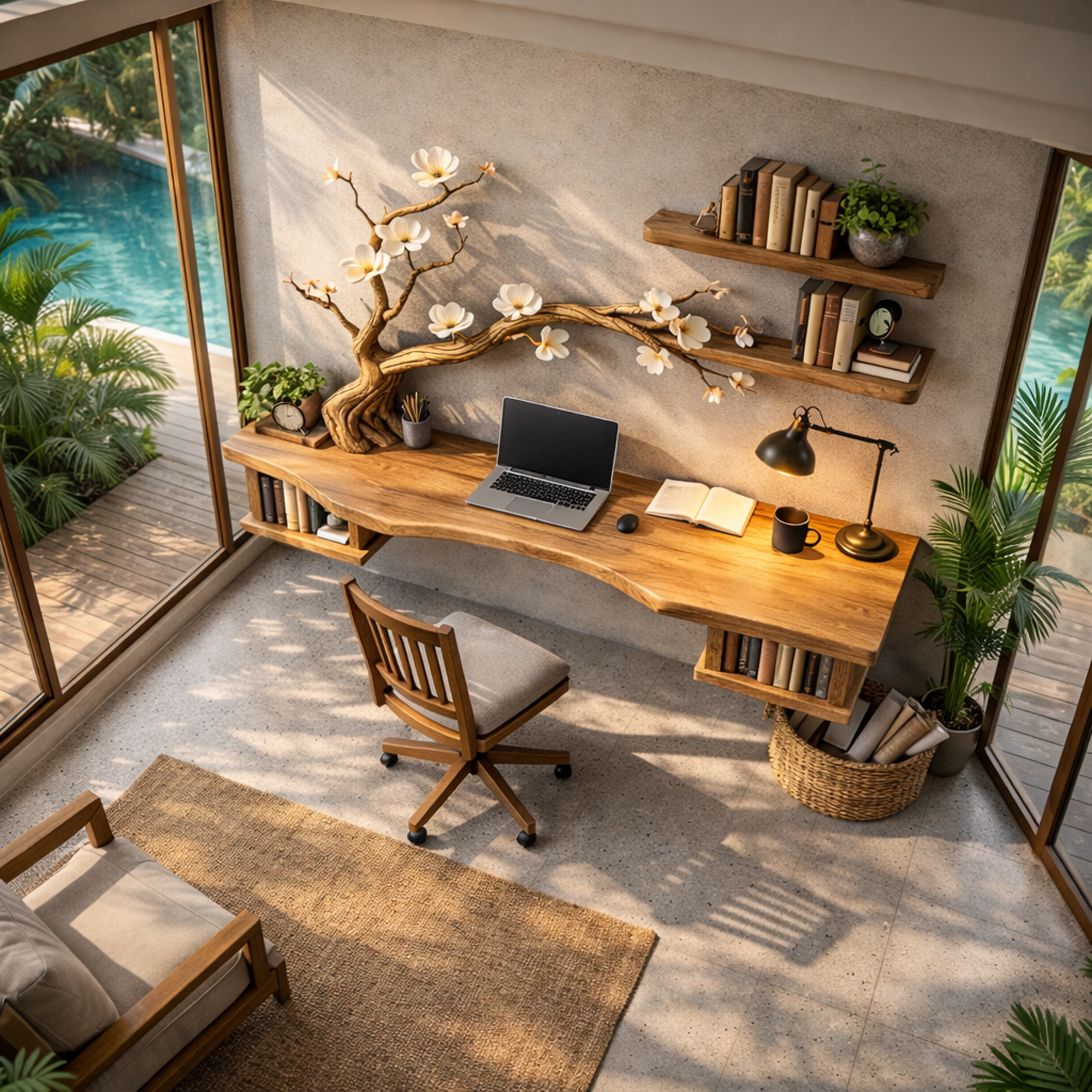 Organic Sculptural Floating Desk With Tree Branch Art For Home Office