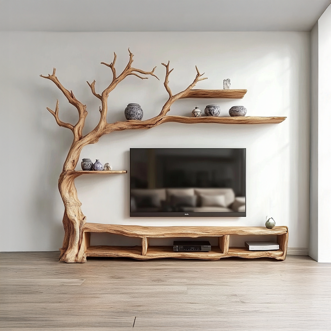 Rustic Organic Tree Branch TV Shelf Contemporary Home