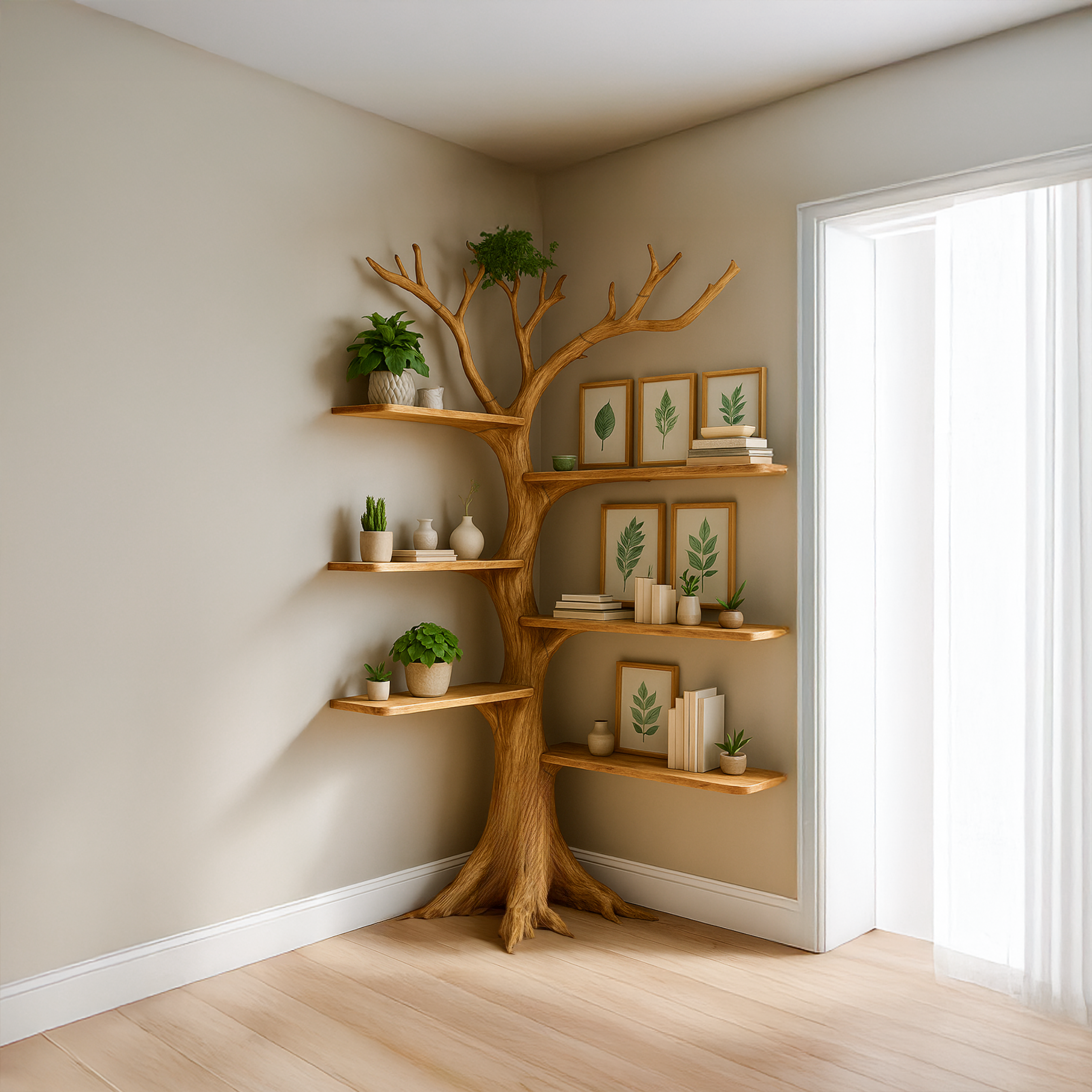 Rustic Corner Tree Bookshelf Living Room