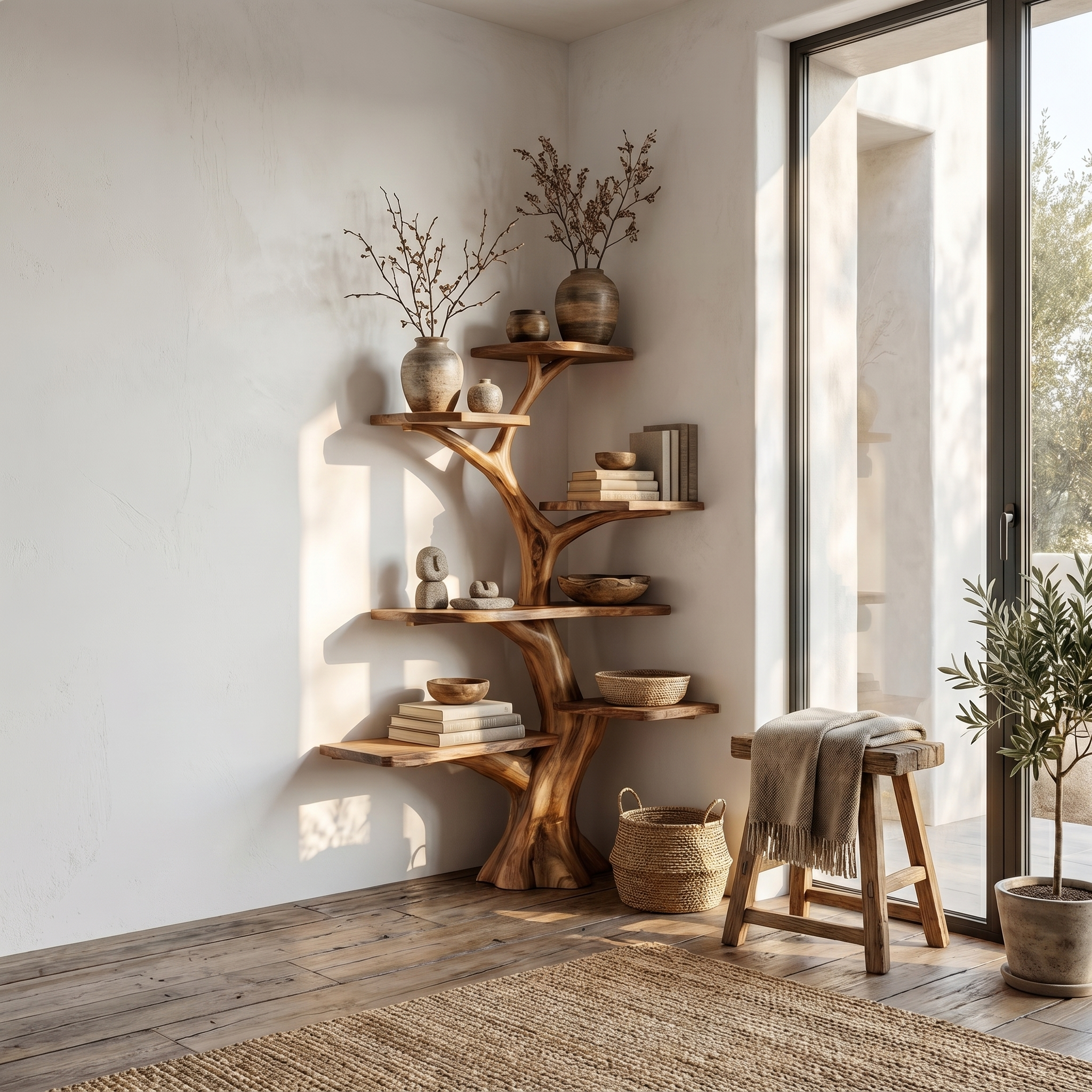 Rustic Corner Tree Bookshelf Living Room Wall