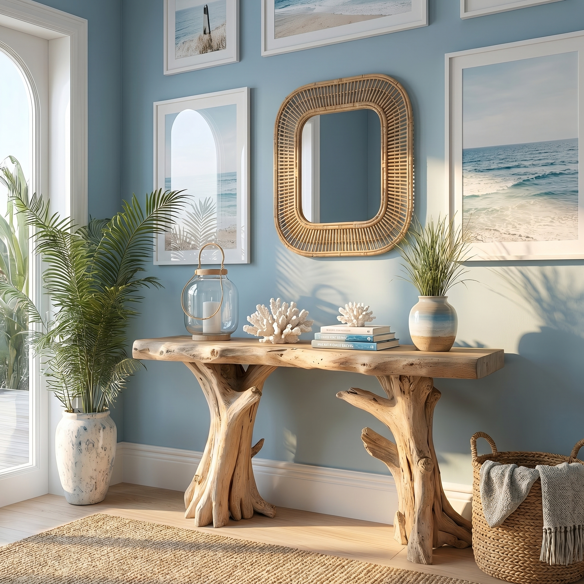 Coastal Driftwood Console Table  Natural Tree Trunk Legs