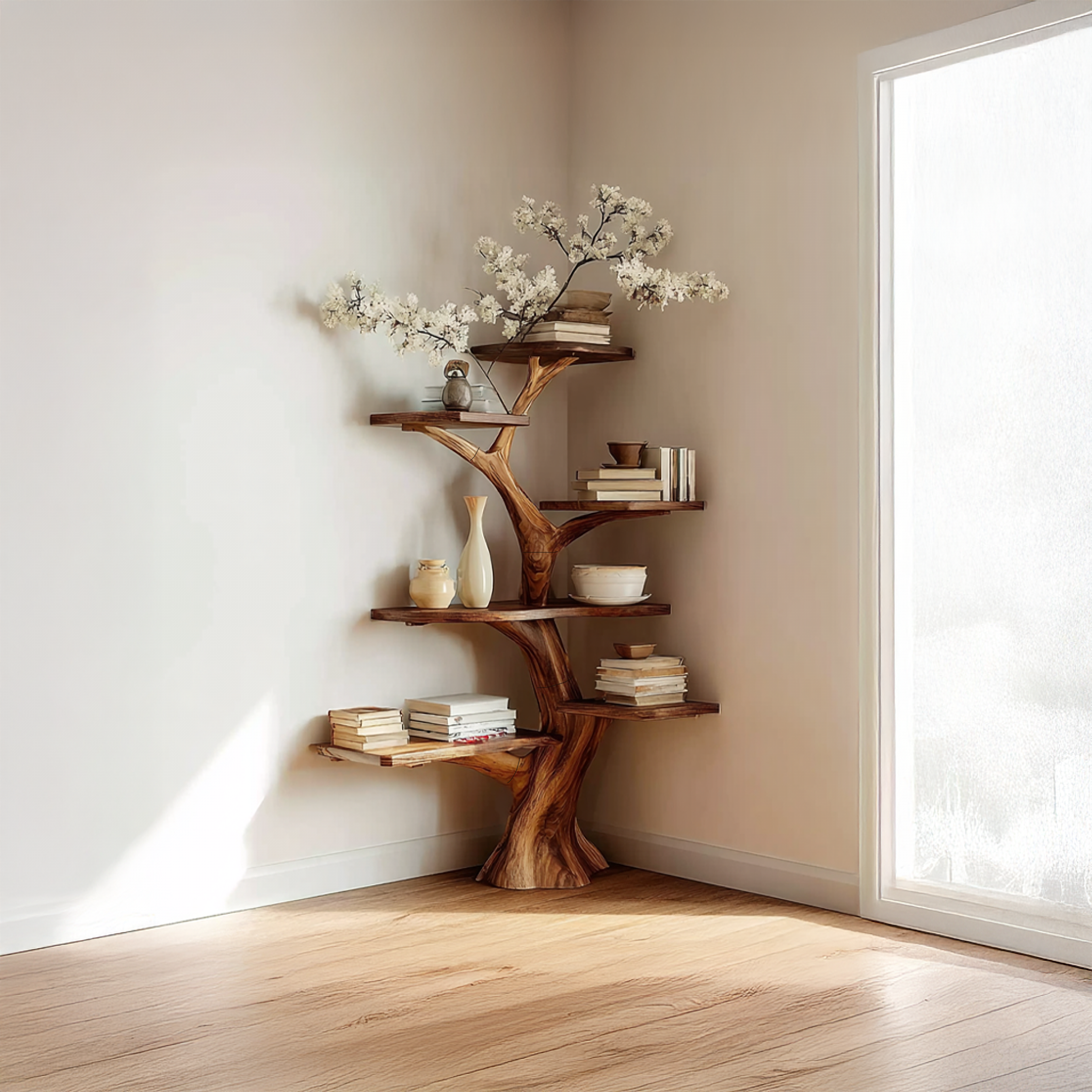 Rustic Corner Tree Bookshelf Living Room Wall
