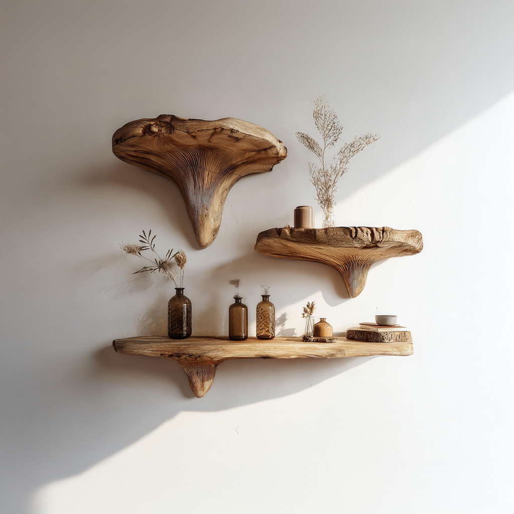 Rustic Live Edge Musrhroom Shelves Living Room Decor