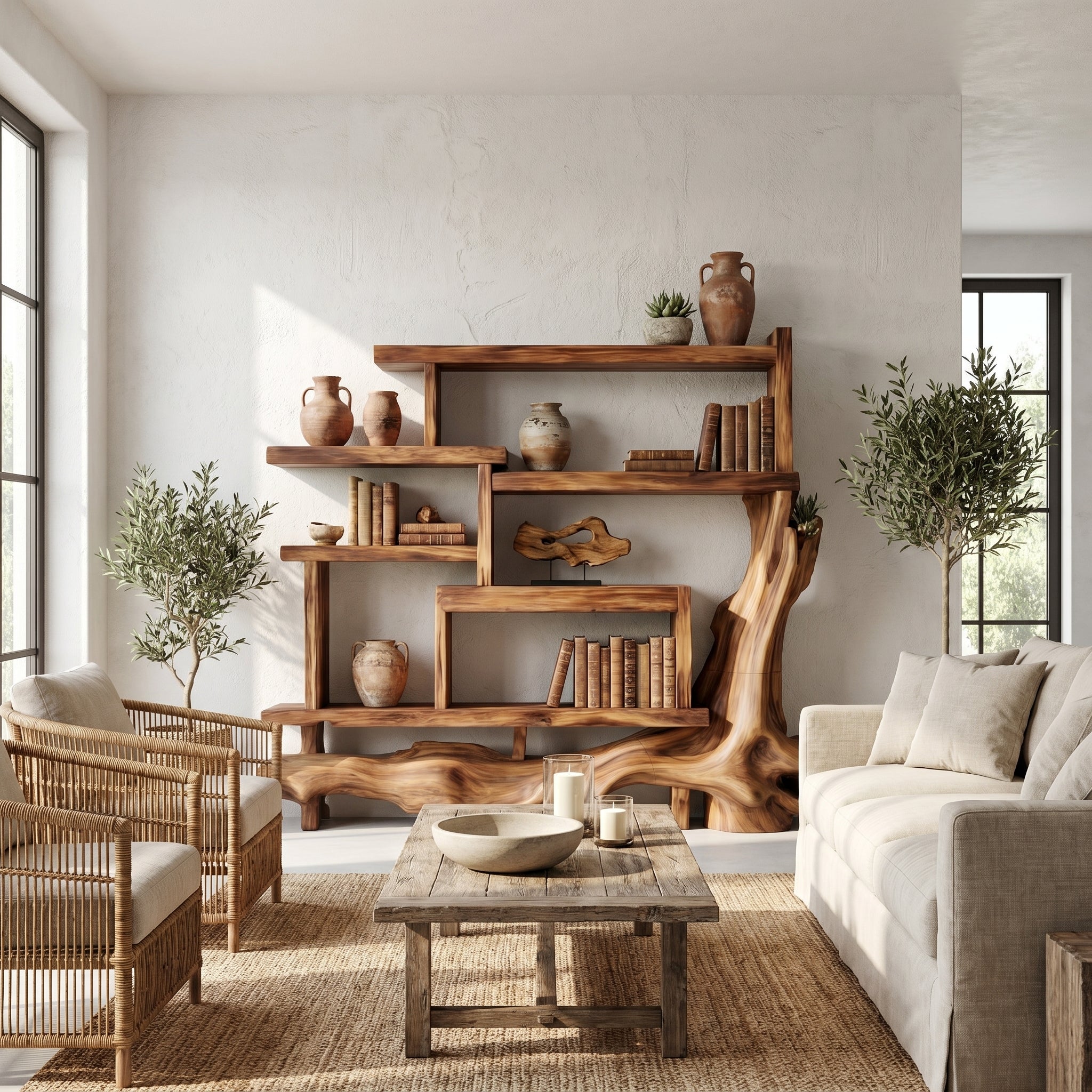 Organic Unique Wood Display Shelf For Living Room And Office