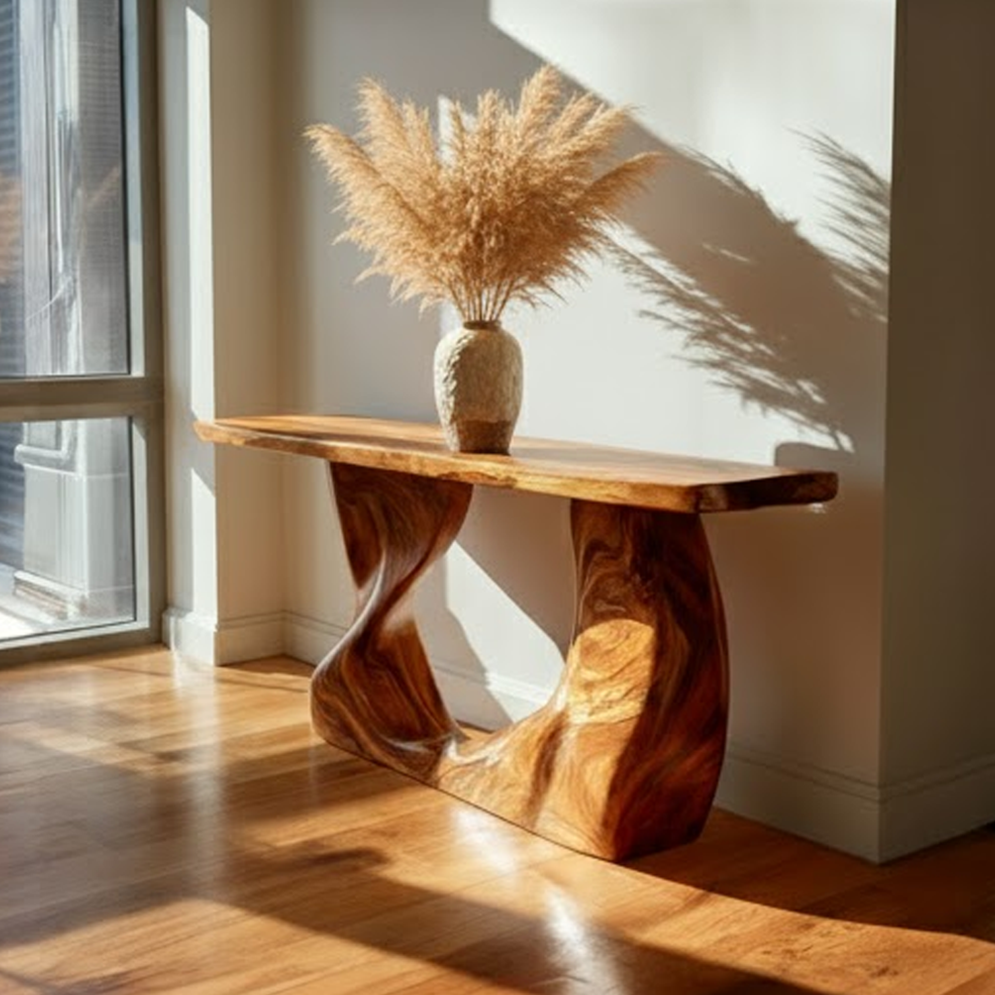 Rustic Modern Console Wavy Carved Wood Entry Hall