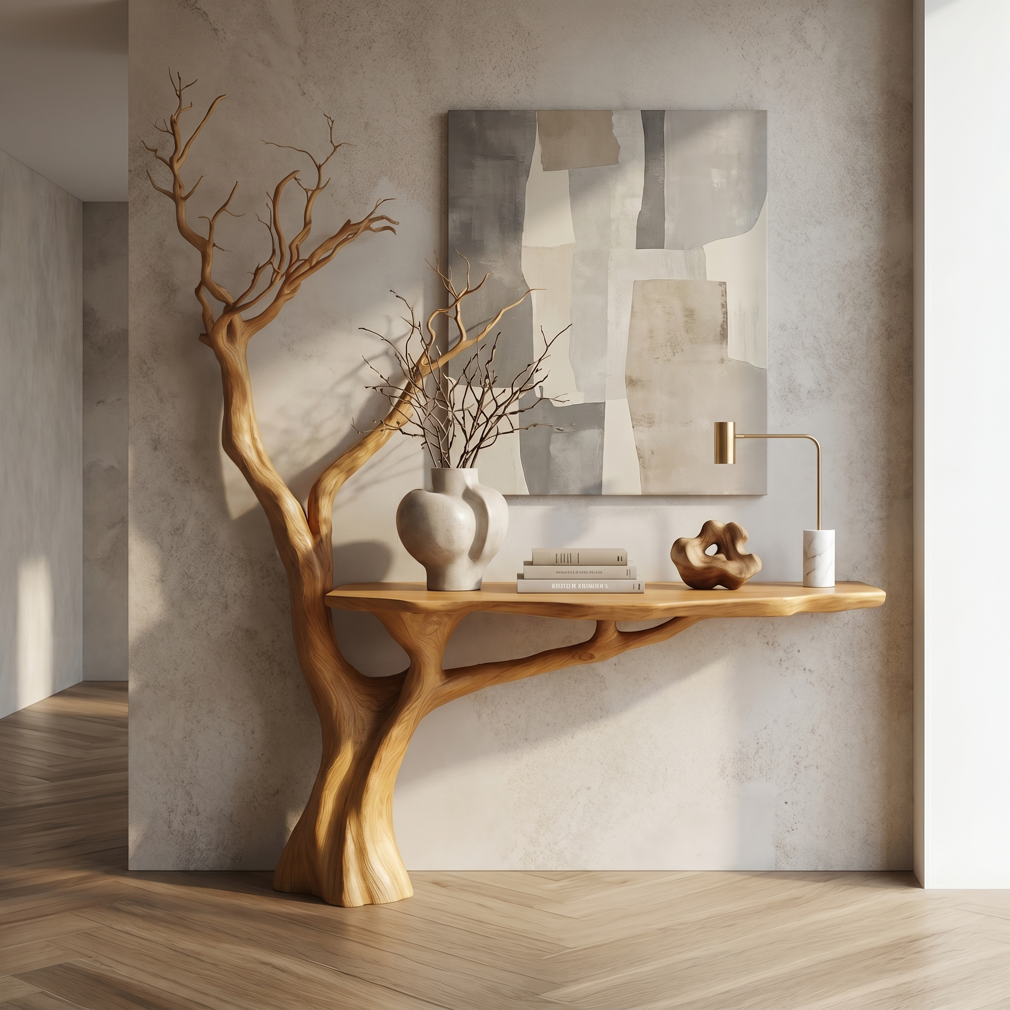 Rustic Console Table Sculpted Wood Tree Hallway Entrance
