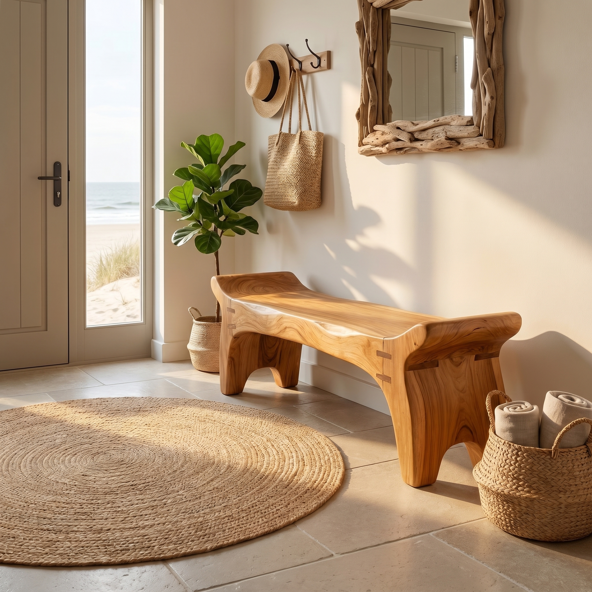 Rustic Sculptural Solid Form Bench For Entryway And Living Room