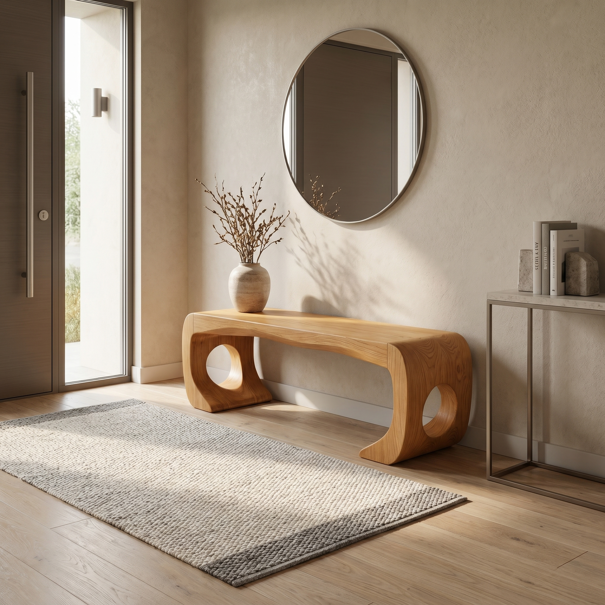 Rustic Modern Sculptural Bench For Entryway And Gallery Space