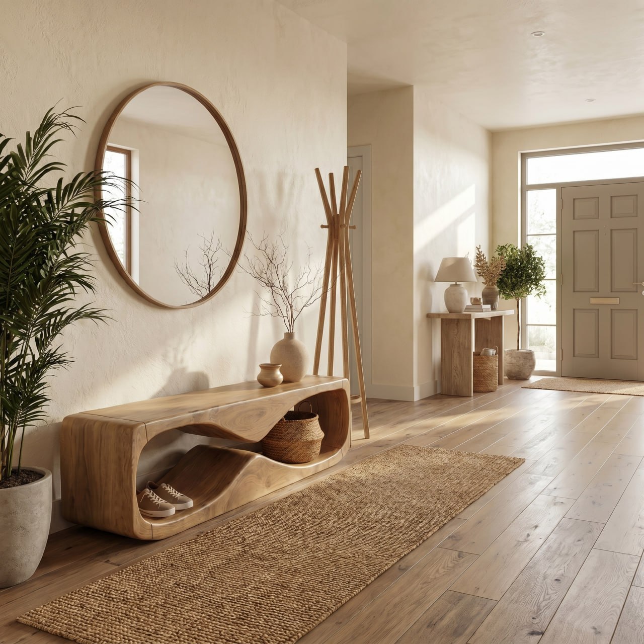 Modern Bench With Open Storage Shelf And Curved Wood Design For Entryway