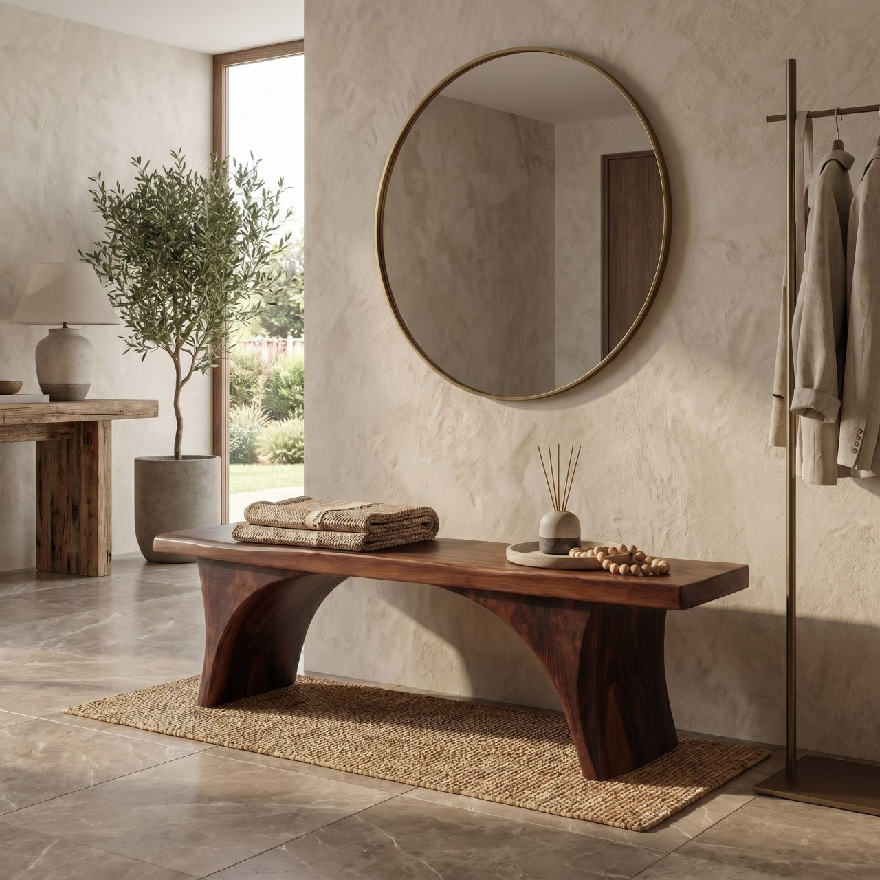 Organic Sculptural Bench With Curved Open Storage Base For Entryway And Living Room