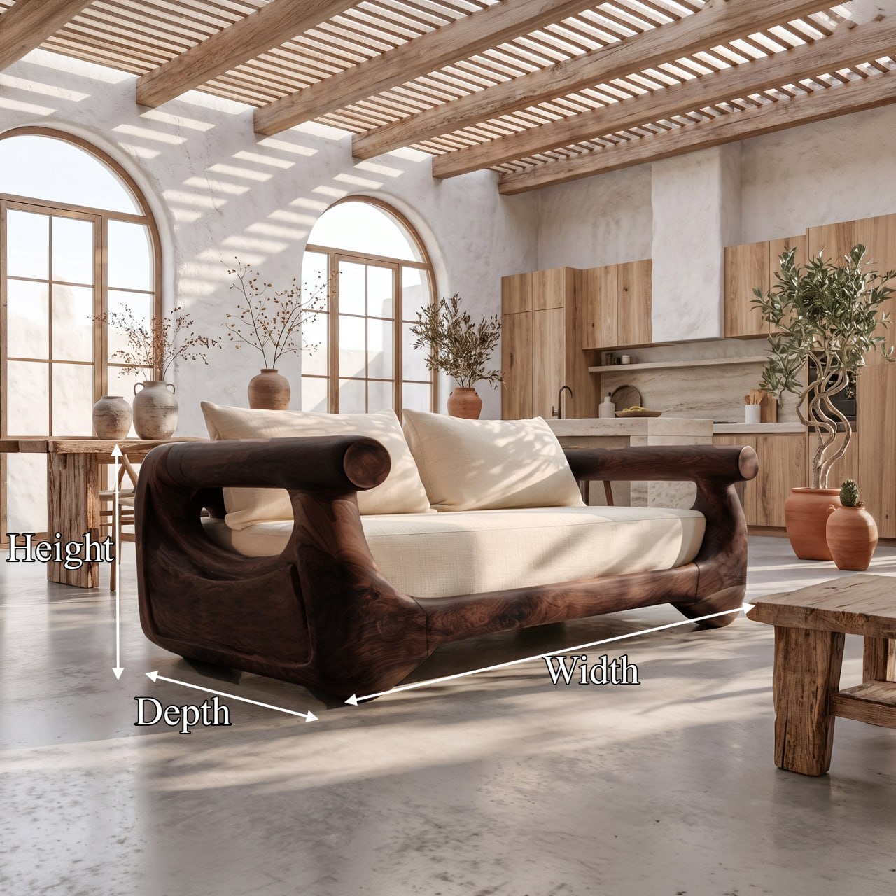 Modern Sofa With Sculptural Perforated Wood Frame For Living Room