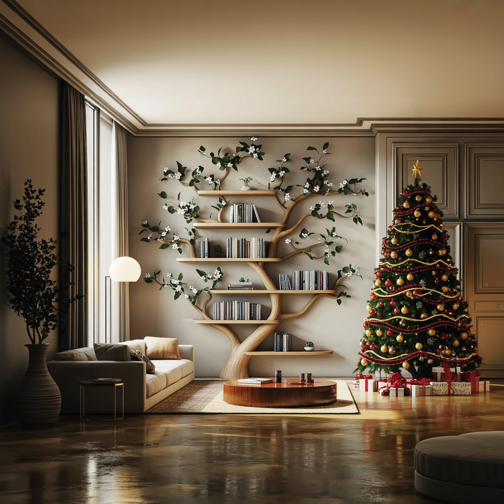 Mid Century Tree Wall Shelf Christmas Living Room