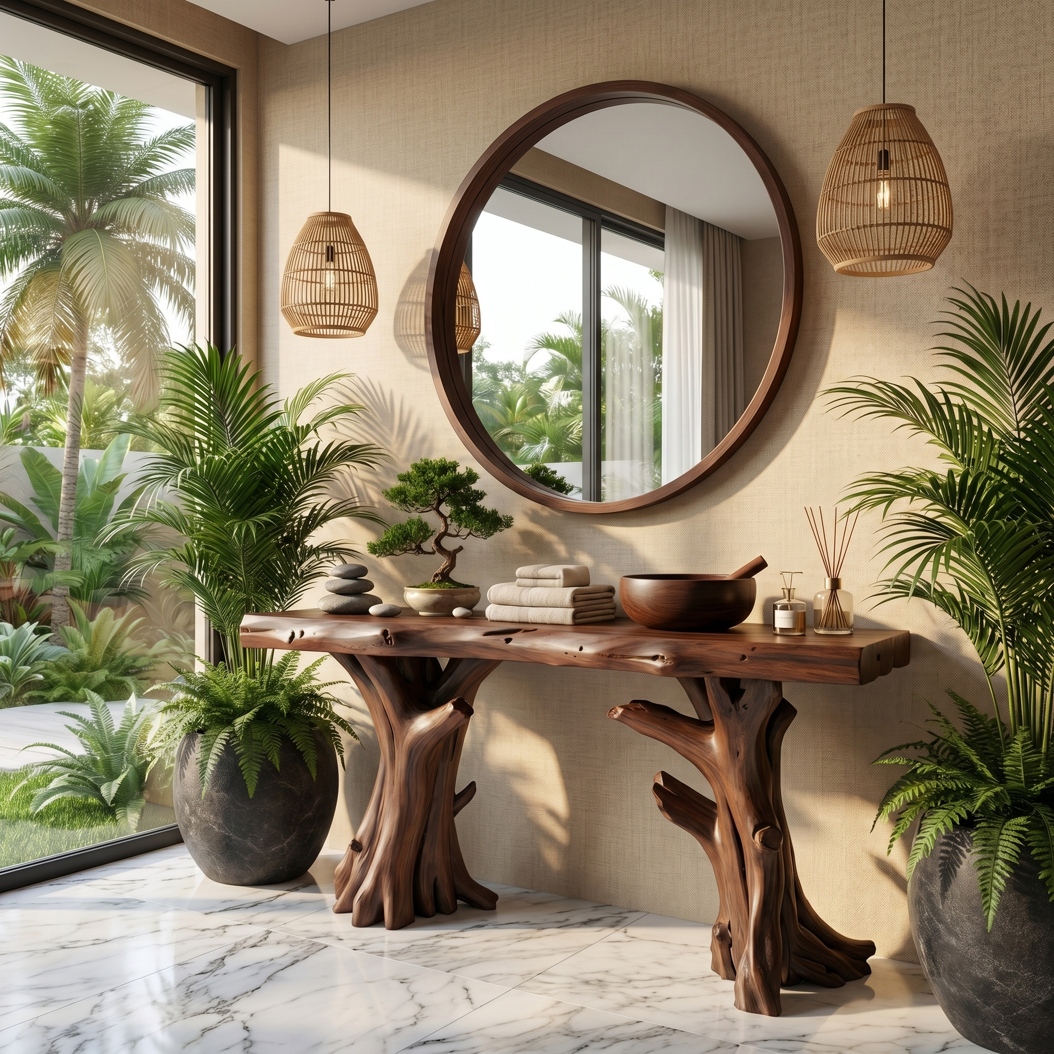 Coastal Driftwood Console Table  Natural Tree Trunk Legs