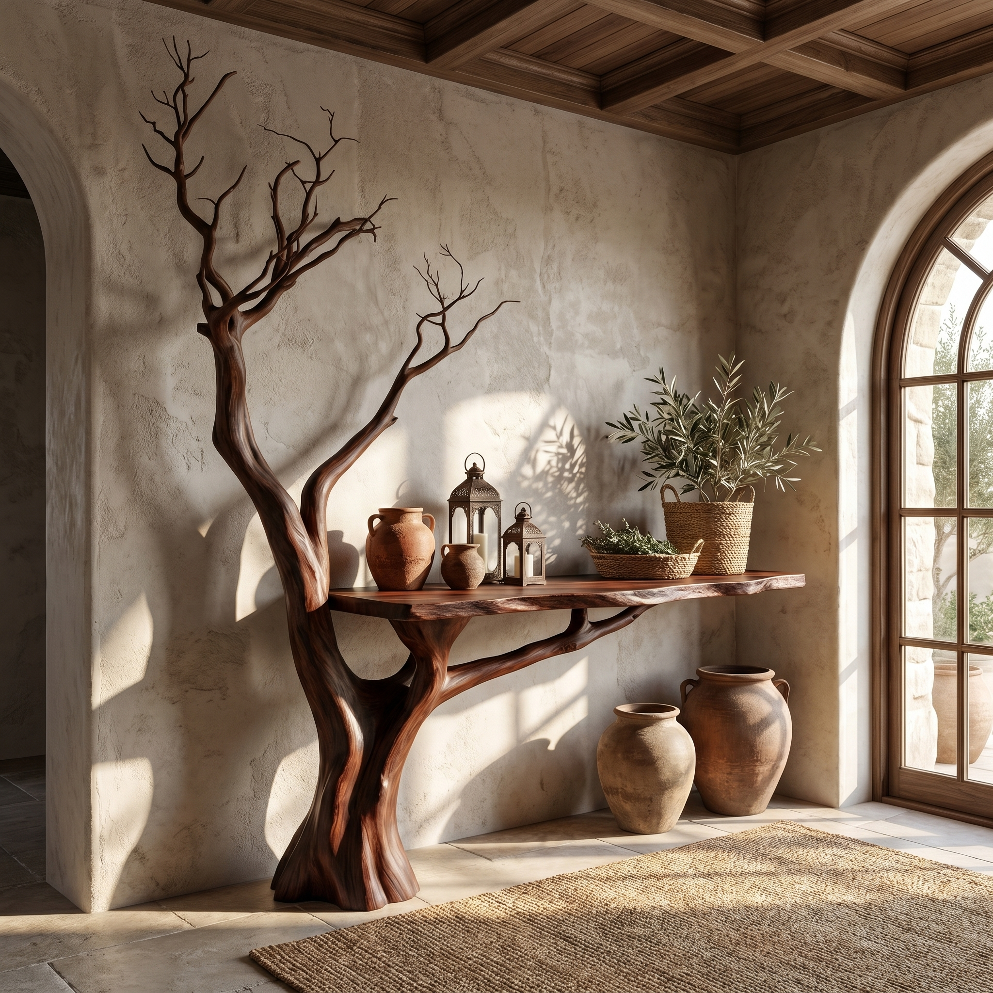 Rustic Console Table Sculpted Wood Tree Hallway Entrance