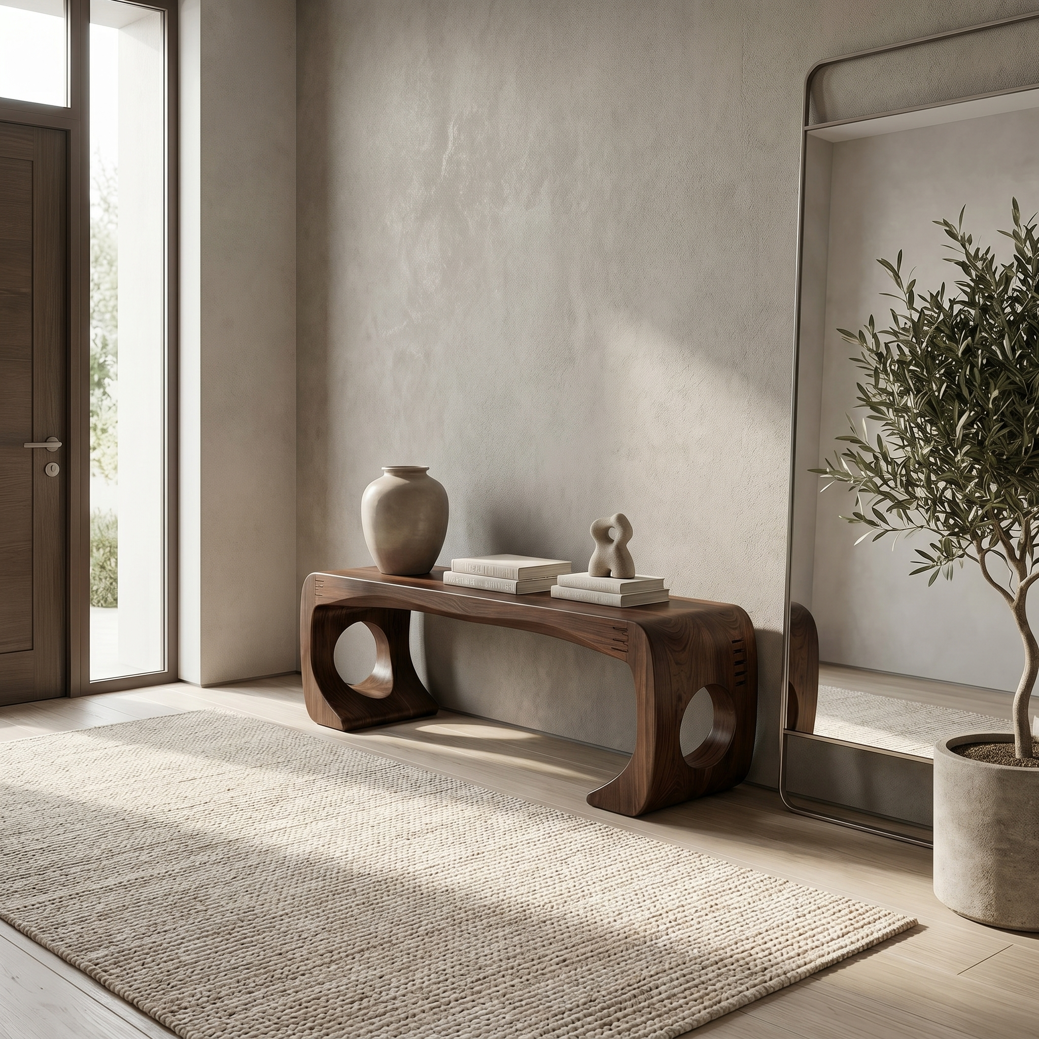 Rustic Modern Sculptural Bench For Entryway And Gallery Space