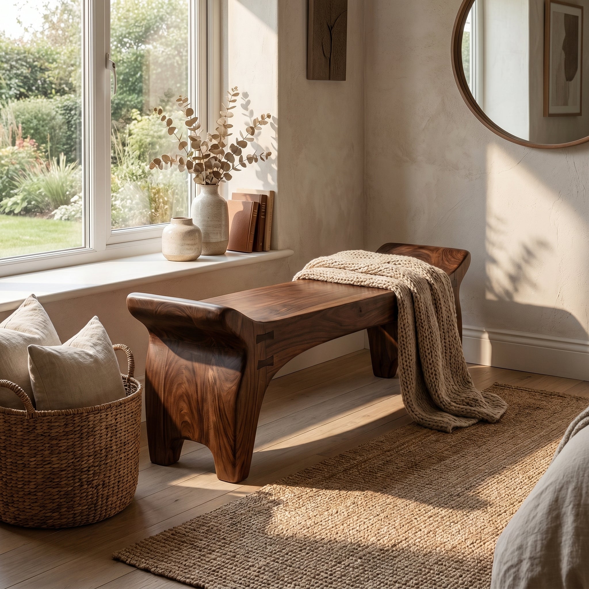 Rustic Sculptural Solid Form Bench For Entryway And Living Room