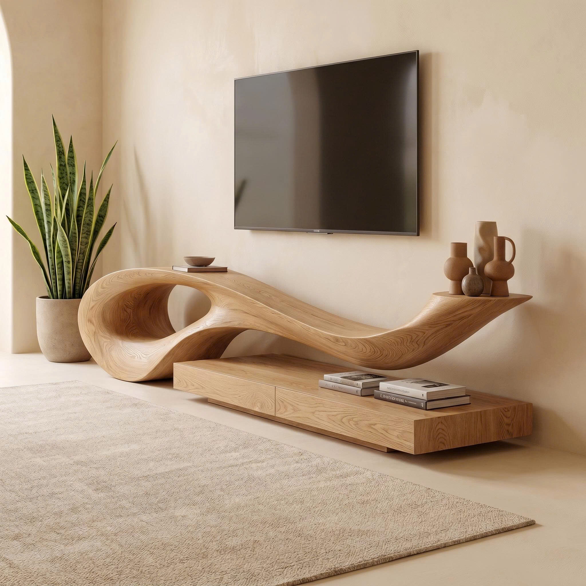 Sculptural TV Cabinet With Unique Flowing Curve Wood Base And Solid Wood Media Console For Living Room