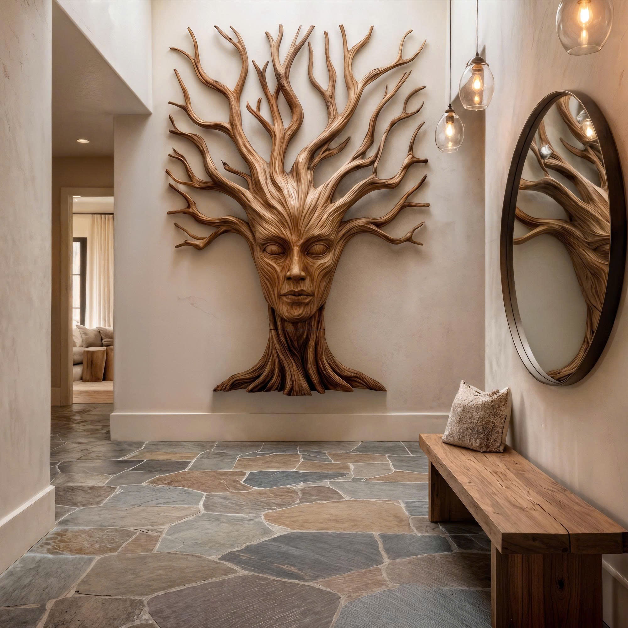 Mystical Tree Spirit Wooden Wall Art With Sculptural Face Design For Entryway And Living Room