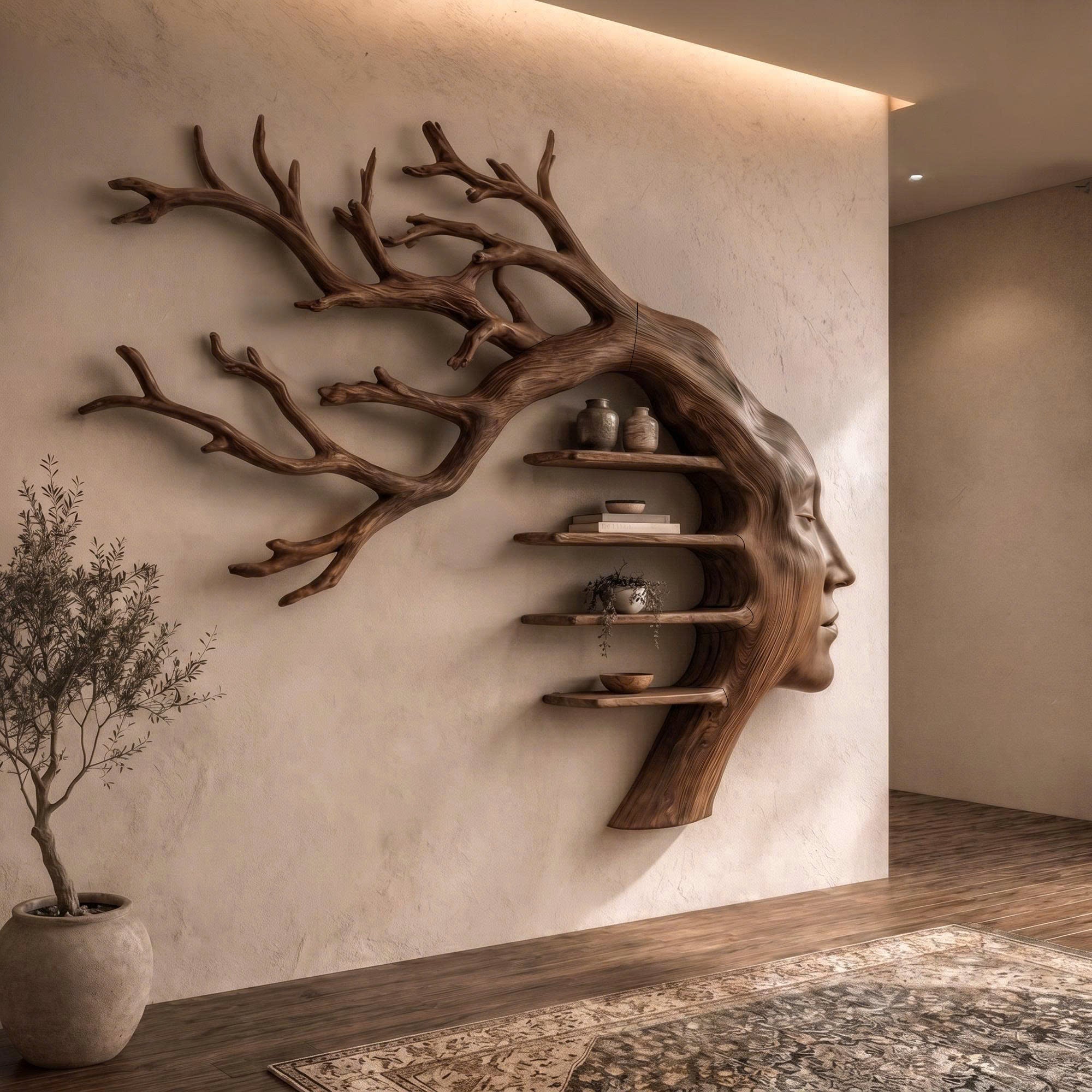 Rustic Tree Branch Wooden Wall Art With Floating Shelves For Living Room And Entryway